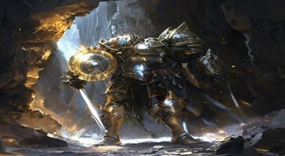 哥布林的洞窟圣骑士职业角色展示，金色圣光护盾在黑暗洞窟中发光，画面对比强烈